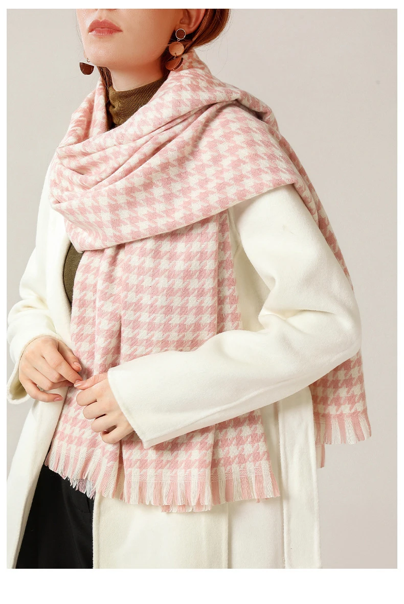 custom fashion winter warm tassel houndstooth shawl knit scarf