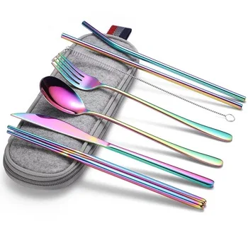 

Portable travel cutlery set stainless steel Knife fork spoon chopsticks cutlery set for hiking camping traveling, Silver/gold/rose gold/black/rainbow
