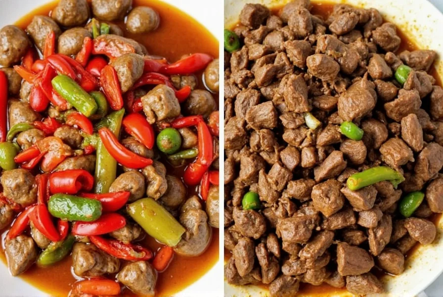 Side-by-side comparison of pepper steak and Mongolian beef showing different sauce colors and vegetable components
