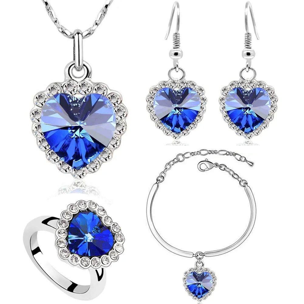

Hot Selling Romantic Titanic Ocean Heart Pendant Earring Ring Bracelet Necklace Jewelry Set For Women Gift, As the pictures show