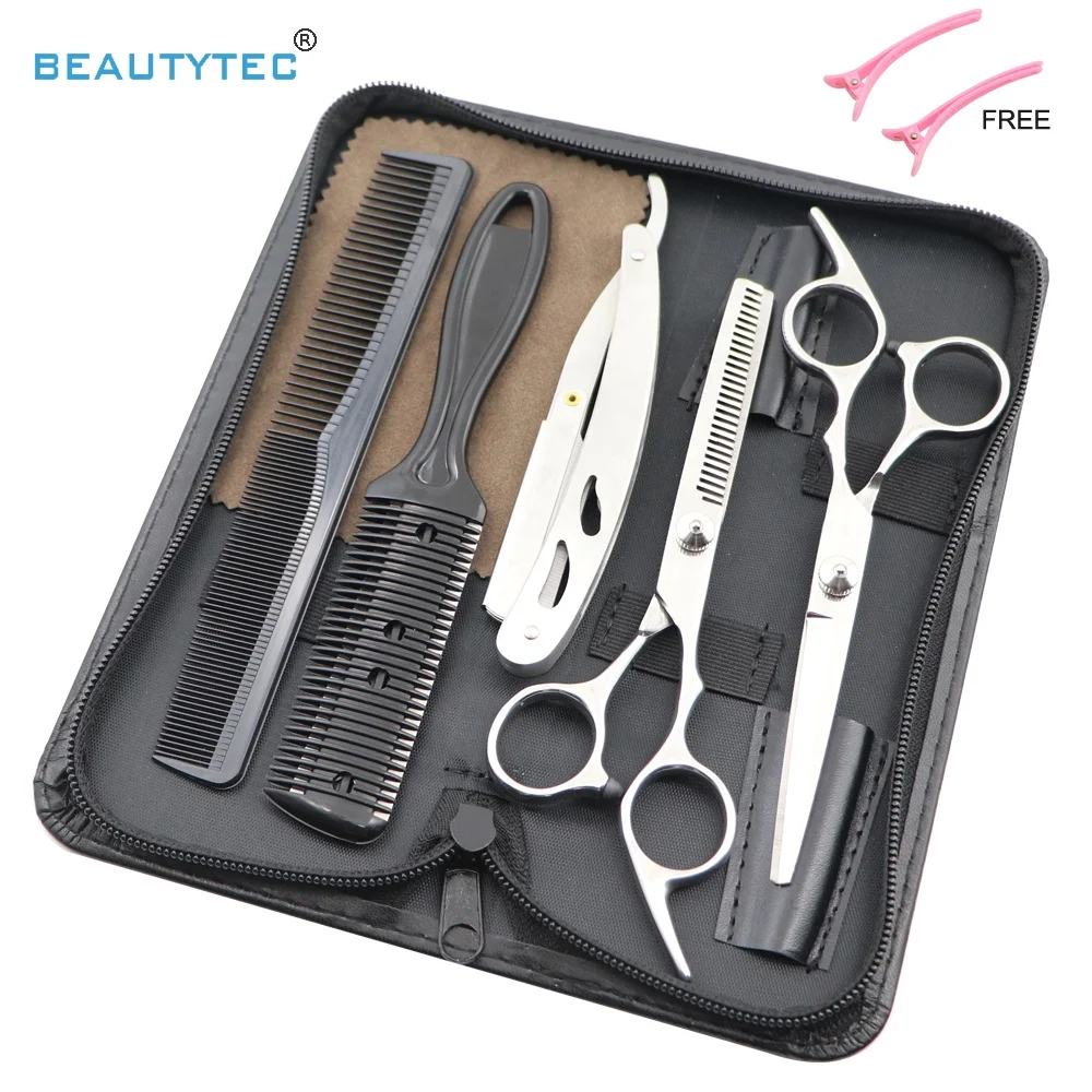 

Professional Salon 6" Cutting & Thinning Shears Kit Hairdressing Scissors Set With Barber Clips Razor Comb Leather Pouch, Silver