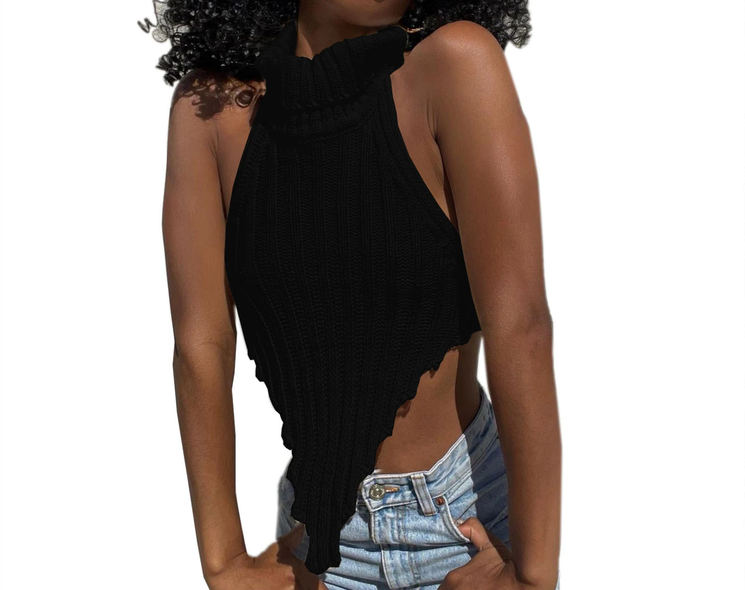 

2022 Custom logo spring sexy backless crop top irregular high collar mini vest solid fashion serration woolen tank top