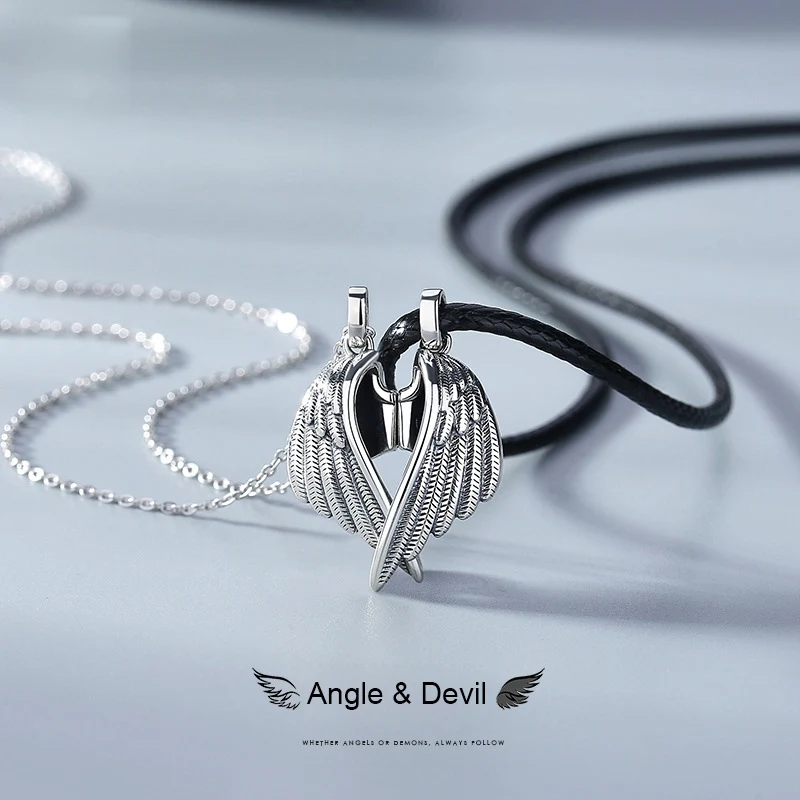 

Trendy 925 sterling silver couple necklace angel devil wing pendant men women hip pop necklace, Silver hip pop pendant couple necklace