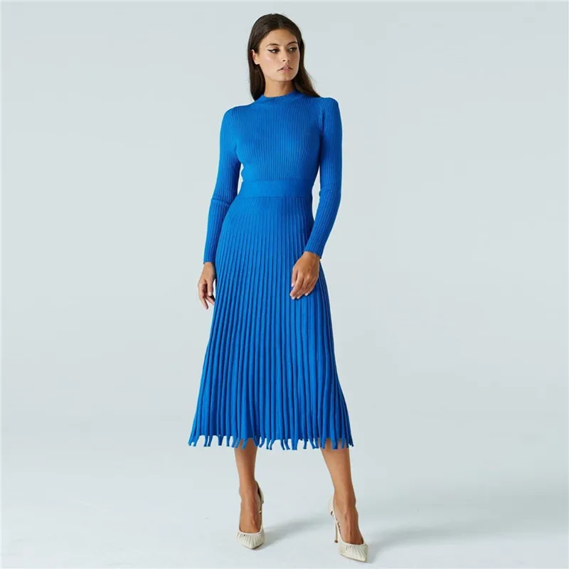 

Sweater Dress Pleated Fit Stand Collar Lady Striped Sexy Knitting Dress Fit Women Elegant Bodycon Casual Dress, Customized color