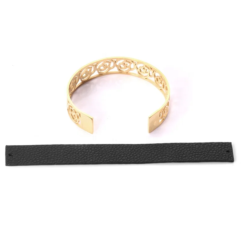 product-BEYALY-Retro Mens Casual Pair Of Leather Bracelet, Gold Flower Bangle-img