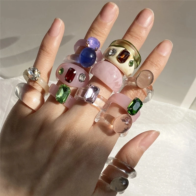 

Trendy Colourful Transparent Resin Acrylic Rings Korean Creative Geometric Square Round Irregular Ring Jewelry For Women