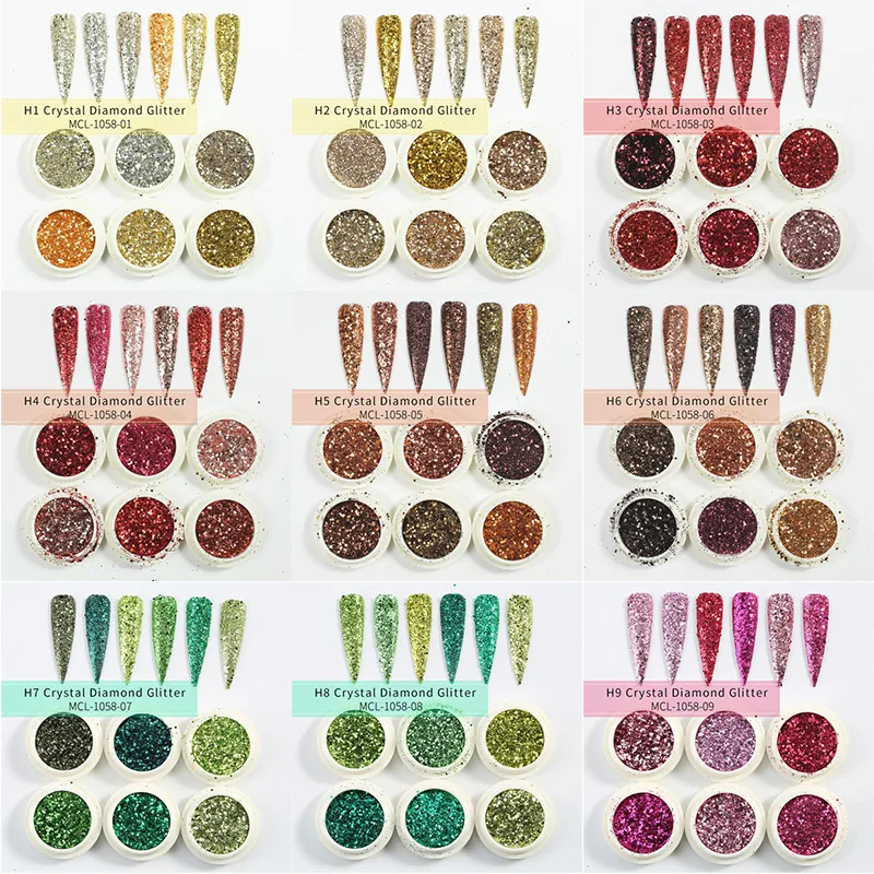 

Wholesale 6 Colors Reflective Glitter Super Shining Crystal Diamond Nail Powder Set For Nails, As picture shown