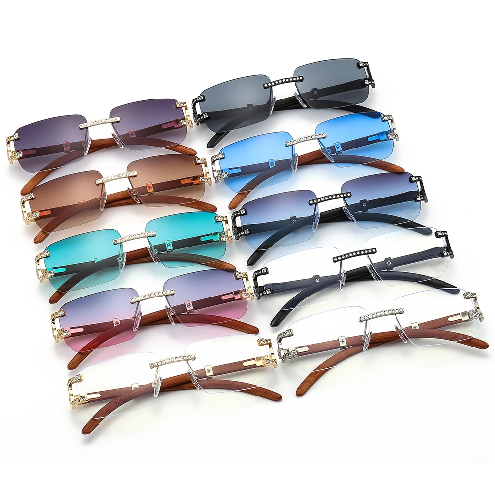

Fashion Luxury Brand Small Rectangle Gold Frame with Diamonds Wood Grain Color Rimless Sunglasses for Women Men Carter