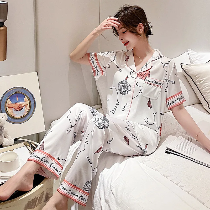 

Summer Women Ice Silk Pajamas Track Suit Two Piece Set Cartoon Graffiti Print Princess Girls Outwear Sleepwear Homewear, Shown