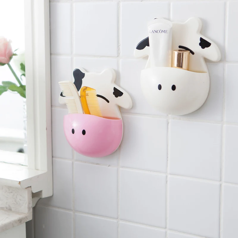 

Cute Wall Mounted Cow Toothpaste Dispenser Toothbrush Holder Kids, White, pink and orange