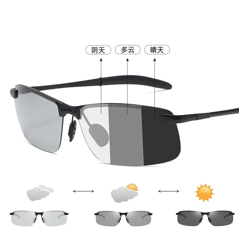 

Photochromic Polarized Sunglasses For Men Retro Half Frame Driving Glasses 3043