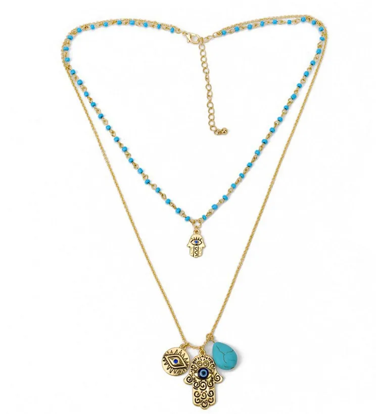 

Trendy Turquoise Retro Fashion Necklaces With Charms Of Evil Eyes Hamsa Antique Gold Bracelets For Young, Antique gold/turquoise