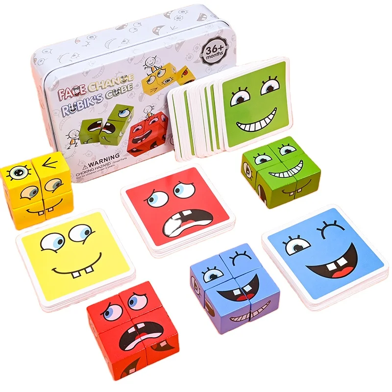 

Montessori Training Game Face Changing Magic Cube Wooden Expression Puzzle Building Blocks juguetes para los ninos For Children