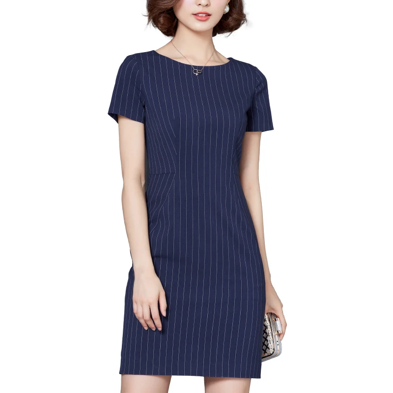 

2020 spring and summer new fashionable stripe round collar short sleeve woman dress lady elegant office dresses women formal