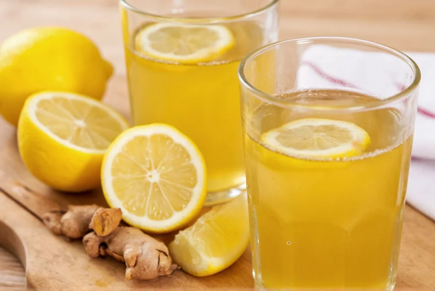 Woman enjoying a cup of homemade lemon ginger honey tea with fresh ingredients visible on table