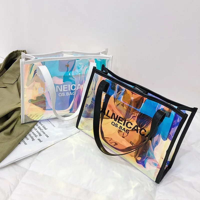 
Hot Selling Cheap holographic Transparent PVC shopping bag stylish college designer clear tote bags  (62387774766)