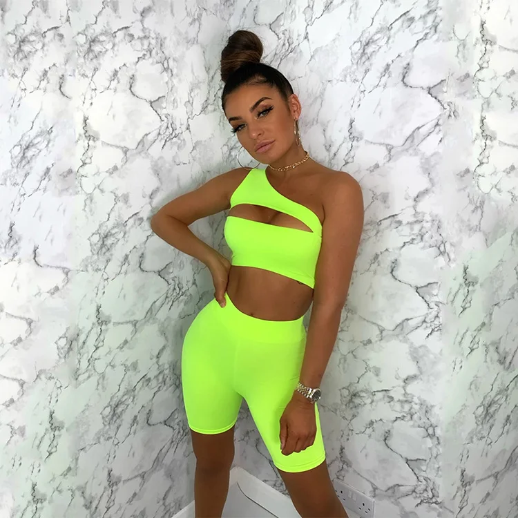 

Sport Sexy Solid Hollow Out Crop Top Short Set One Shoulder Sleeveless Women Two Piece Set Athletic Wear 2021 Summer -YS, Orange,black,fluorescent green