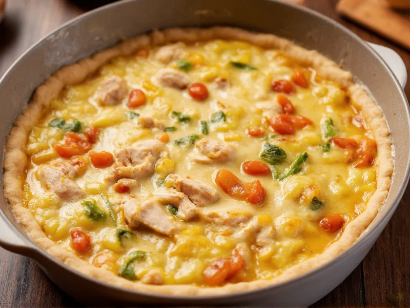 Creamy chicken vegetable filling bubbling in ceramic pie dish