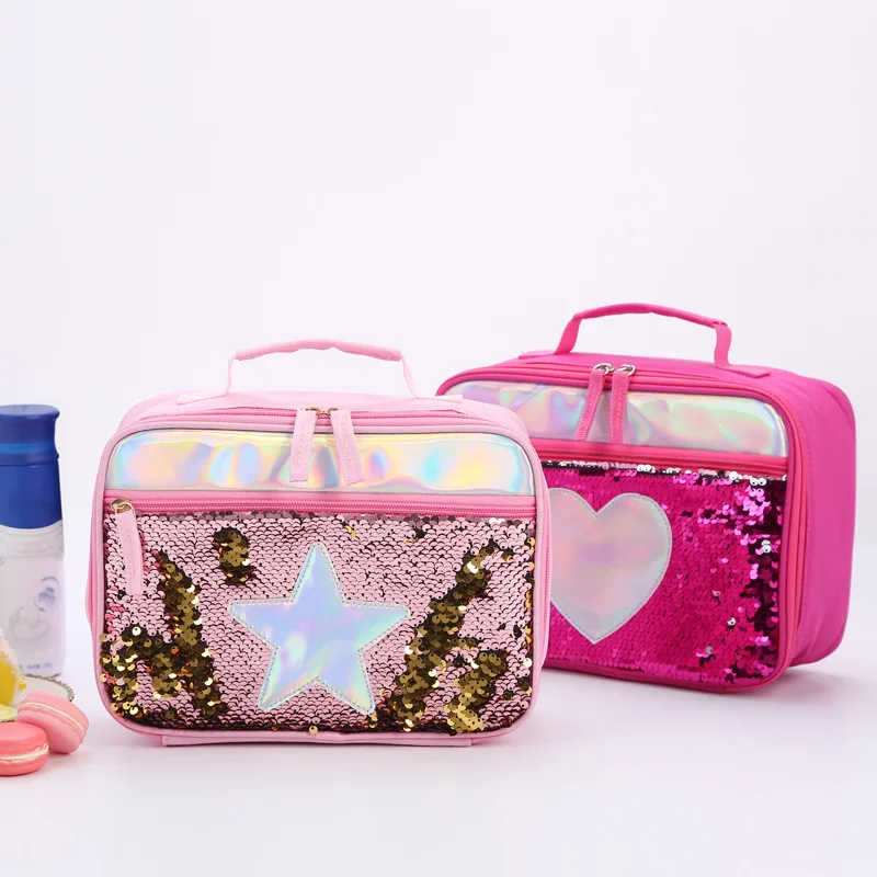 

H700 Kids Handbag Aluminum Foil Insulation Meal Box Multi Colour Heart Star Pattern Mermaid Sequin Lunch Bag
