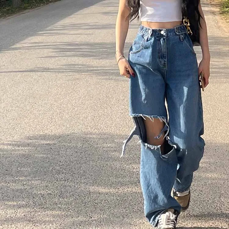 

OEM service high waist vintage loose ripped straight jeans women long leg street jeans, Blue