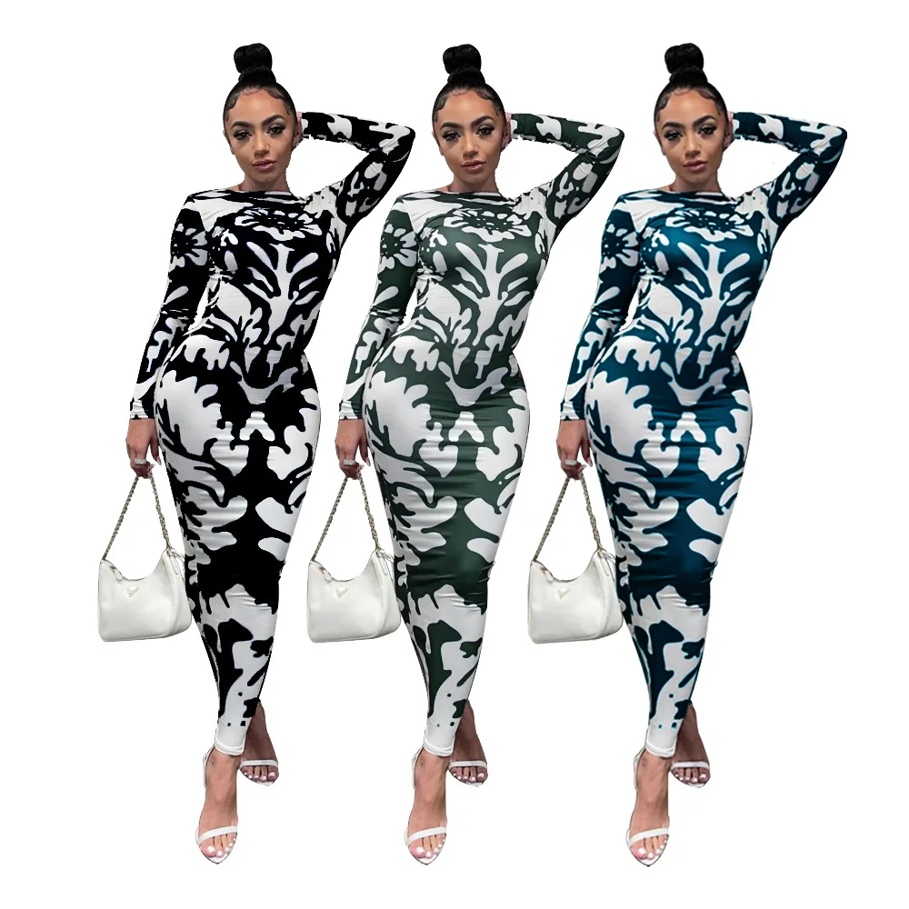 

2021 M01158 - sexy fashion printed long sleeve backless women dresses