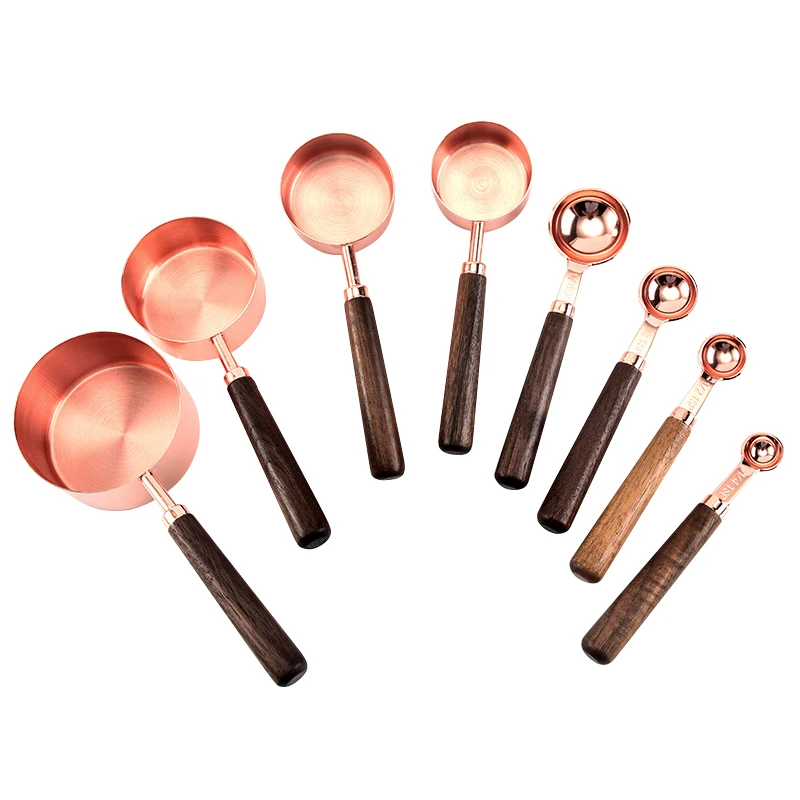 

Copper-plated stainless steel measuring cup and measuring spoon 8-piece set rose gold measuring cup with walnut handle 4-piece