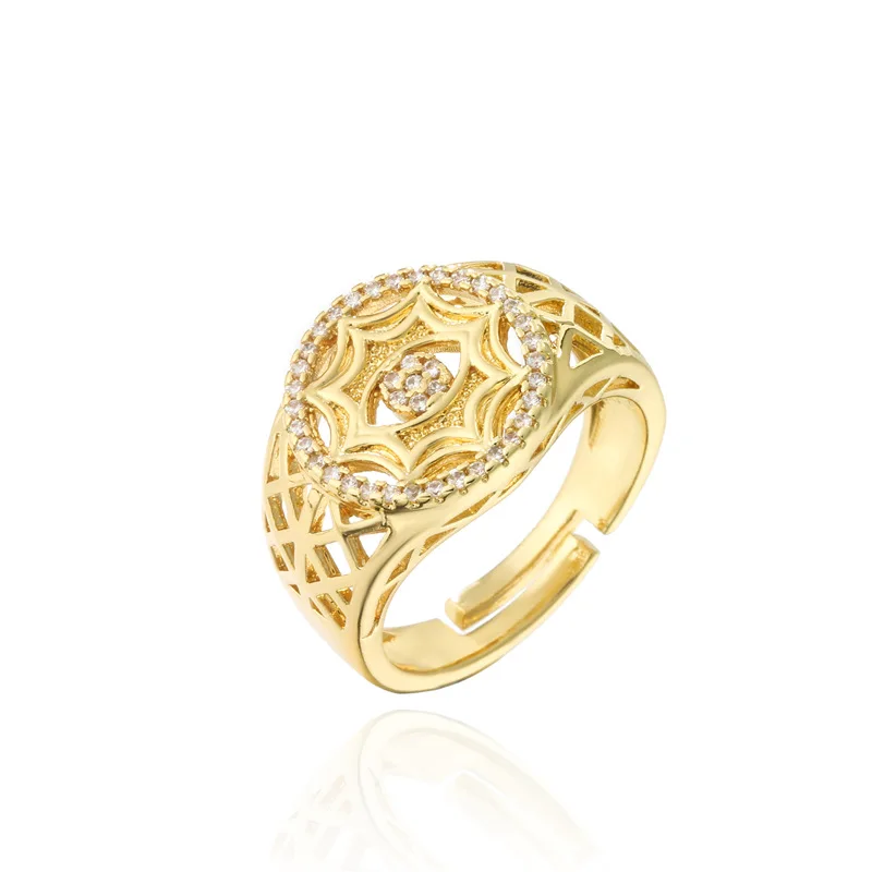 

Bohemian Popular 18k Real Gold Plated Flower Inlaid Diamond Ring Resizable Rhinestone Zirconia Flower Leaf Ring