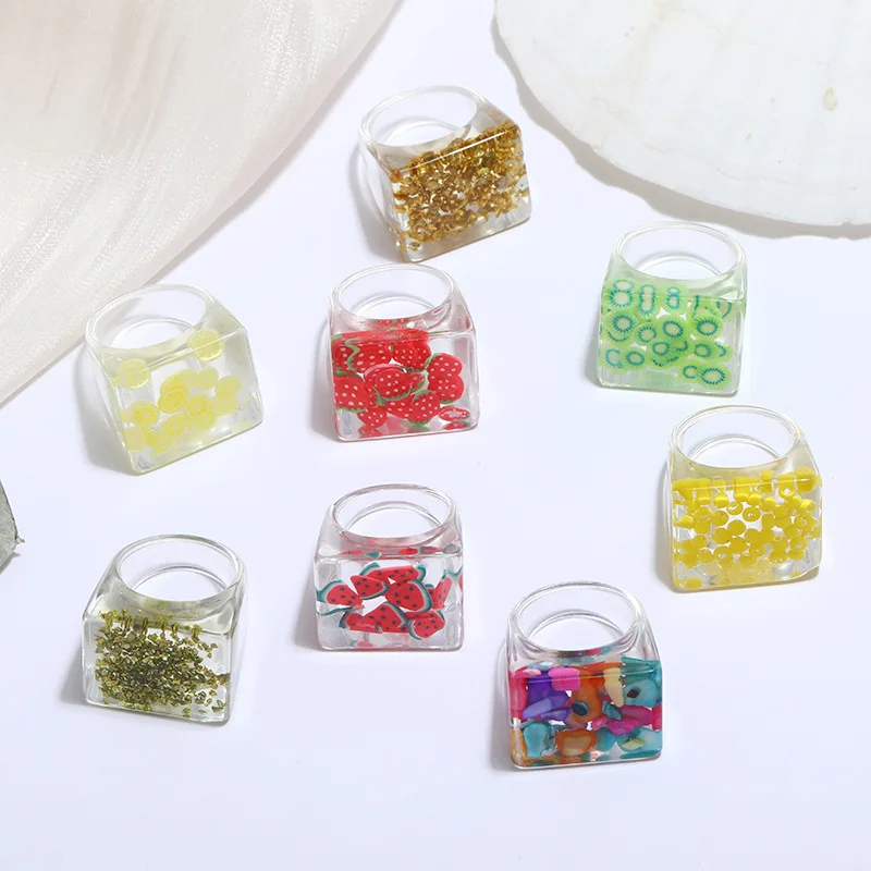 

2021 Trendy Clear Fruit Acrylic Rings Jewelry Jelly Color Inlay Strawberry Lemon Square Resin Ring Women Personalized Jewelry, Strawberry, apple, lemon, dragon fruit