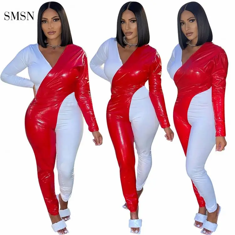 

SMSN MOEN Hot Sale V Neck Autumn Long Sleeve Patchwork Pu Leather Women Bodycon Jumpsuits