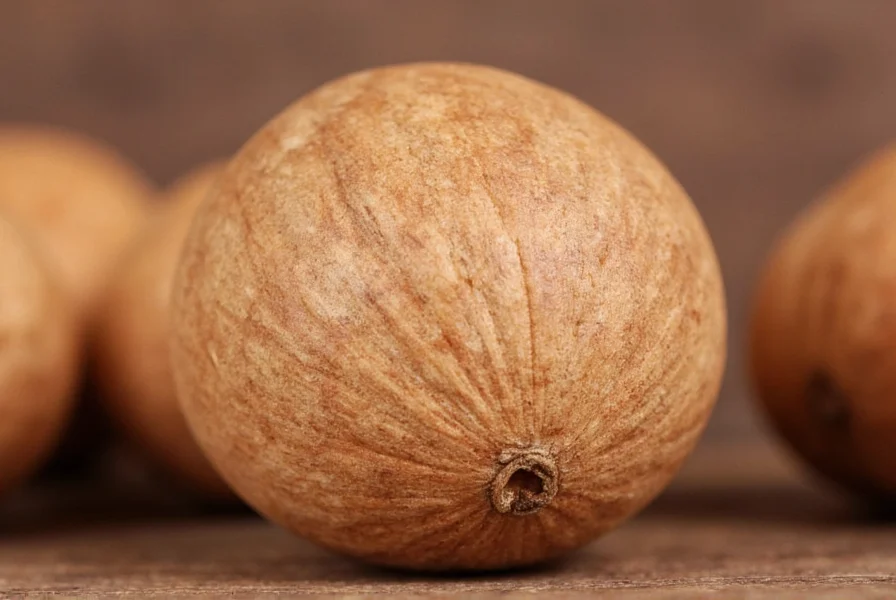 Close-up view of whole nutmeg seeds next to ground nutmeg powder showing the seed structure