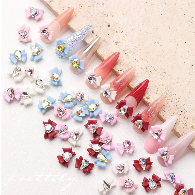 

New Diamond Charms Heart Bow Resin Jewelry Nail Double Layer Frosted Handmade Beautiful Girl Bow Tie Nail Art Charms