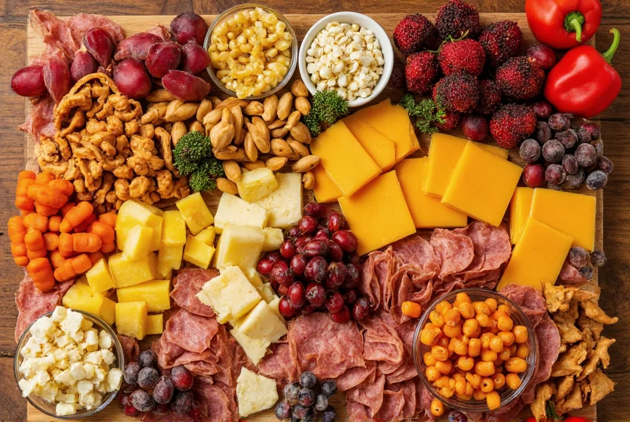Colorful charcuterie board featuring various pepper cheese varieties alongside complementary foods