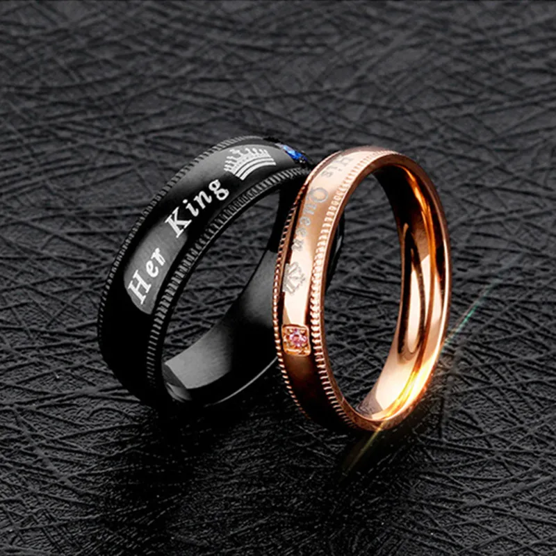 

Her King And His Queen Couple Titanium Ring 316L Stainless steel Black Rose Gold Plated Couple Rings Jewelry