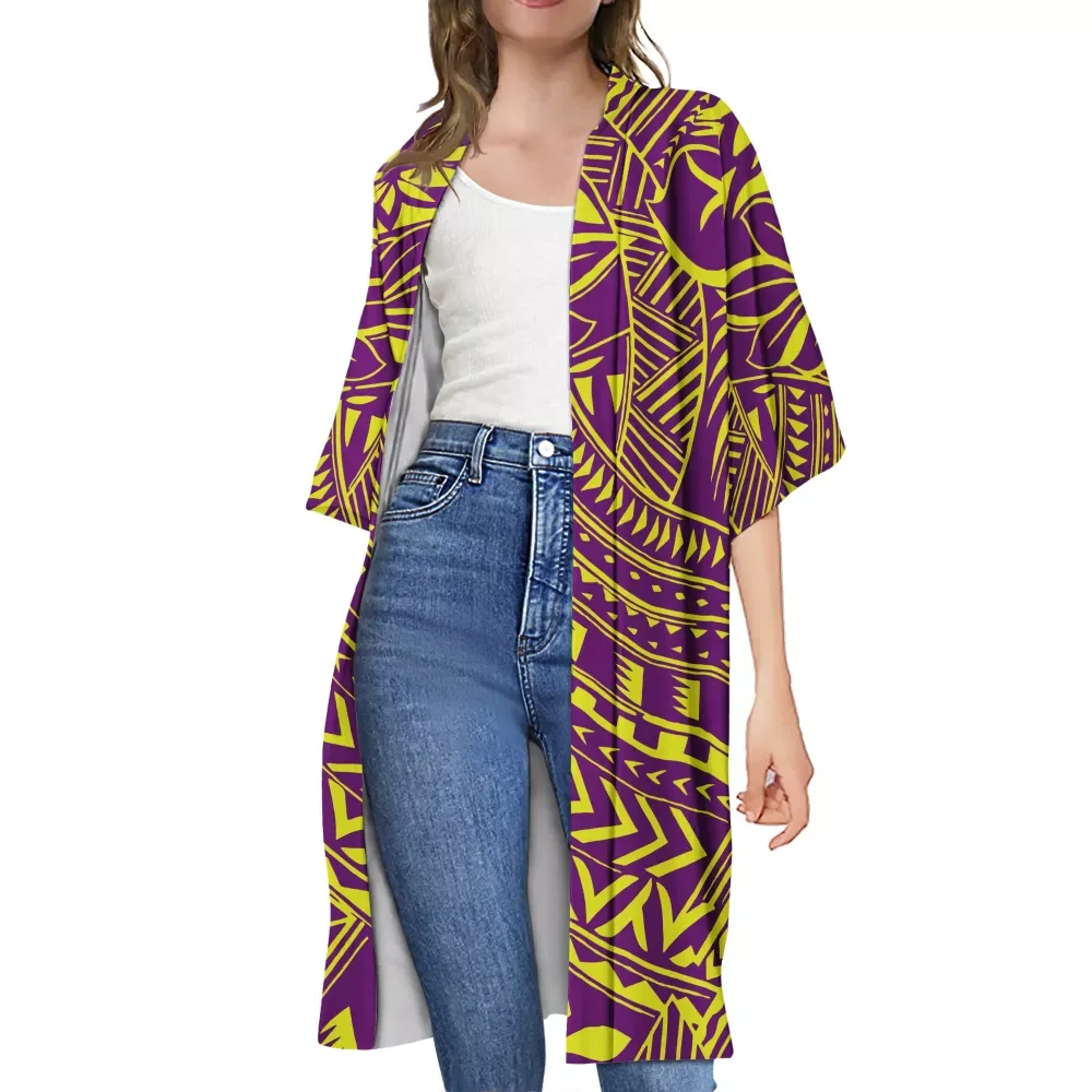 

Yellow & Purple Clothing Custom Poncho Half Sleeve Lightweight Coat Polynesian Tribal Printed Women Kimono Long Woman Cardigan, Customised