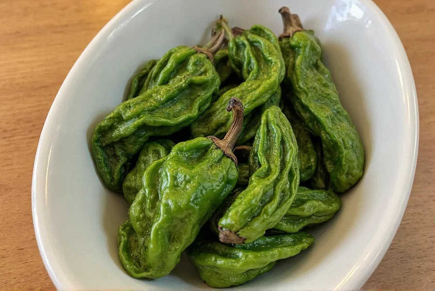Fresh and dried poblano peppers side by side