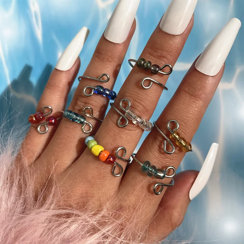 

8 Pcs/Set Ladies Vintage Silver Figure 8 Multicolor Bead Ring Personality Open Party Ring Set Holiday Accessories Gift