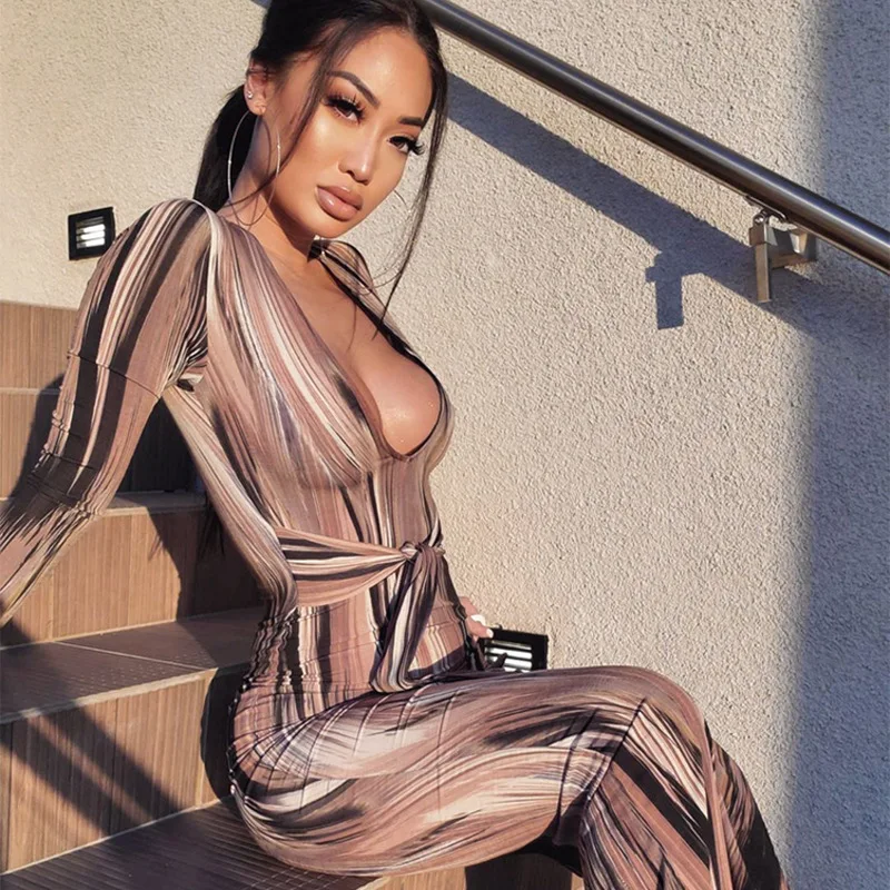 

New Tie Dye Print Summer Full Sleeve Bodycon Clubwear Long Dress for Women Wholesale OEM ODM