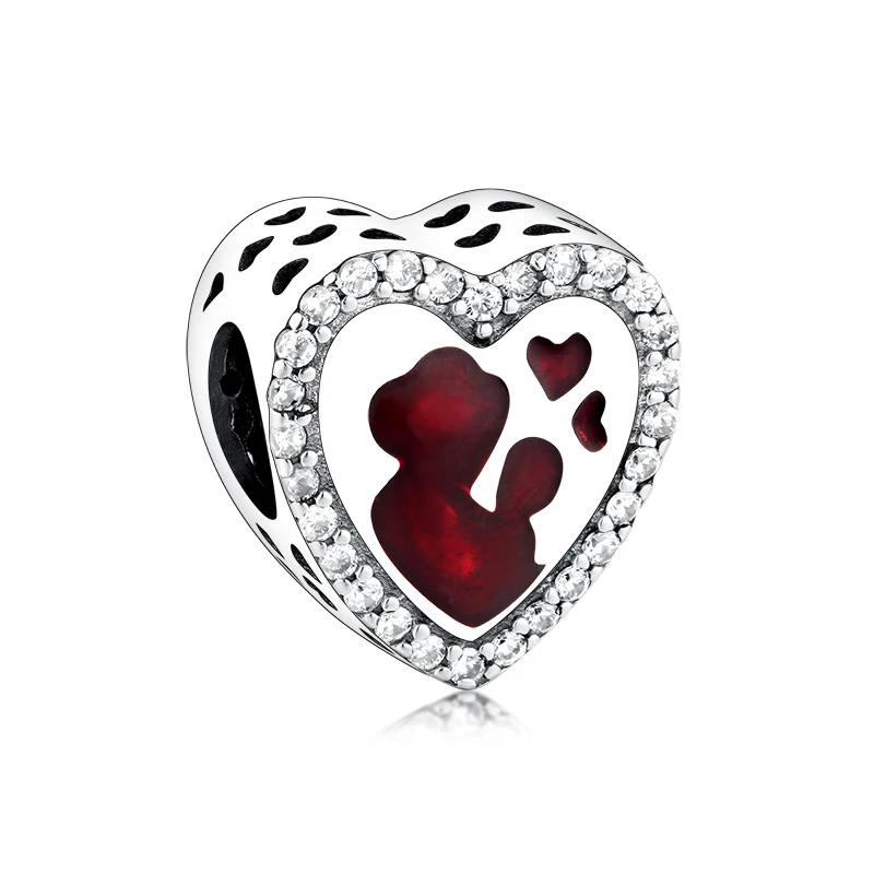 

Wholesale 925 Sterling Silver Red Enamel Zircon Mother Love Heart Bead Charms For Pandora Bracelet Jewelry Making