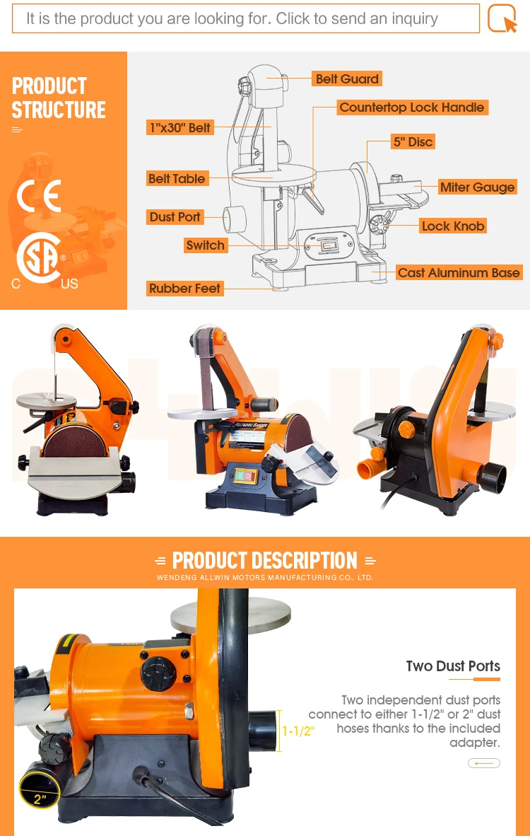 Two-in-one sanding machine 5" disc and 1"X30" belt sander grinding machines with two separate dust ports