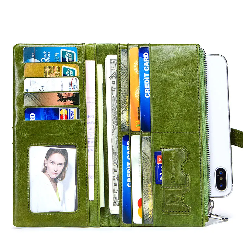 

HUMERPAUL RFID Sublimation Wallet Genuine Cow Leather Zipper Women's Long Wallet Design Purse Two Fold Clutch Wallet Women, Brown/green