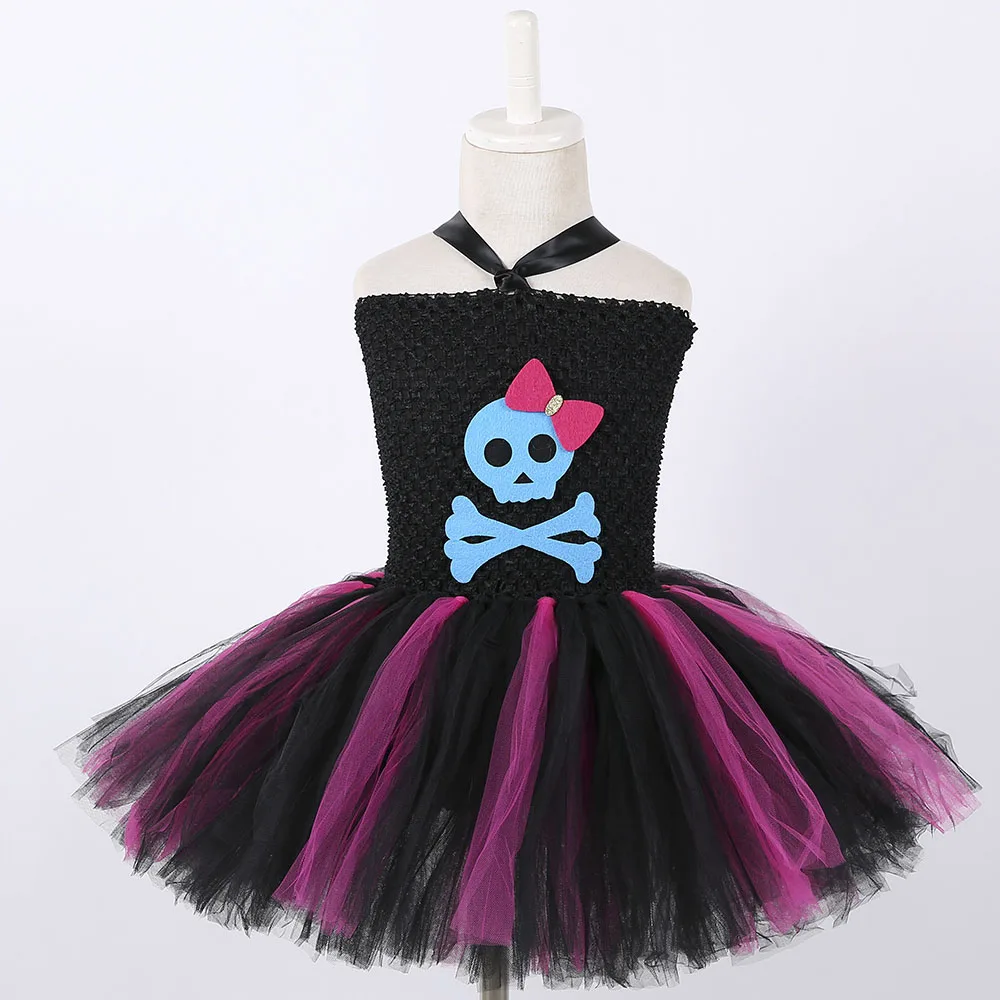 

Most Popular Rock Star Girl Tutu Dress Black Hot Pink Baby Girls Skull Pattern Scary Halloween Party Costume For Kids Holidays