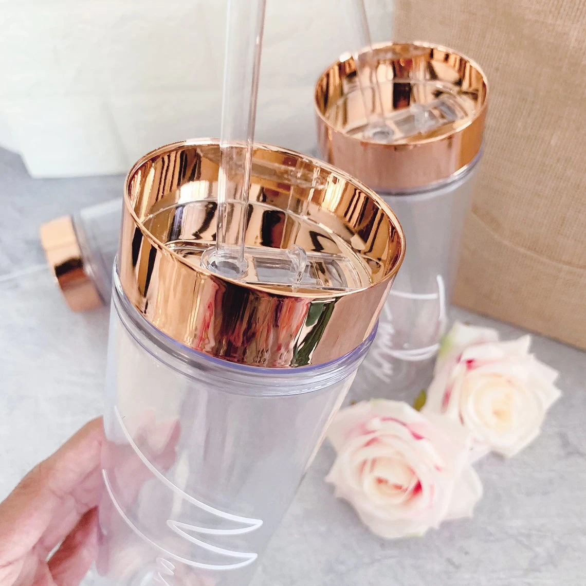 

Reusable Metallic Rose Gold Lid Bridesmaid Cup Doulbe Wall 16oz Acrylic Clear Plastic Skinny Tumbler with Lid and Straw, Clear color body with colored lid