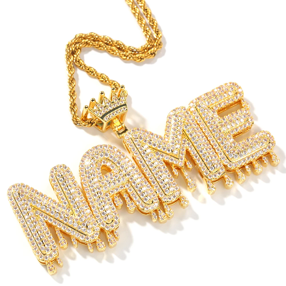 

Custom Name Cubic Zircon Crown Bali Drip Iced Out Diamond Initial Letters Chain Pendants Necklaces, Gold/silver/pink