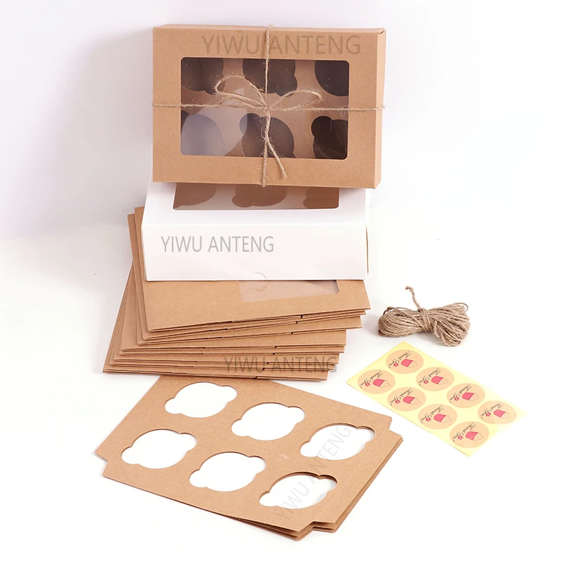 

Wholesale 24 Pack 6 hole Cupcake brown Kraft Paper boxes with Sticker and hemp rope