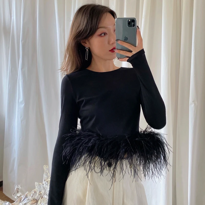 

Summer 22 High Level Custom Ostrich Feather Trim Long Sleeve Top Fashion T-Shirt Women, Customized color