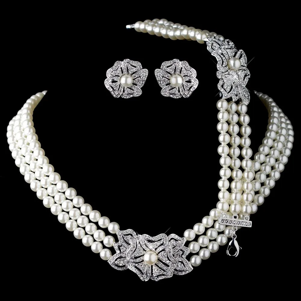 

High Grade Elegant Bride Jewelry Set For Wedding Pearl Water Diamond Necklace Earrings Bracelet Set, White