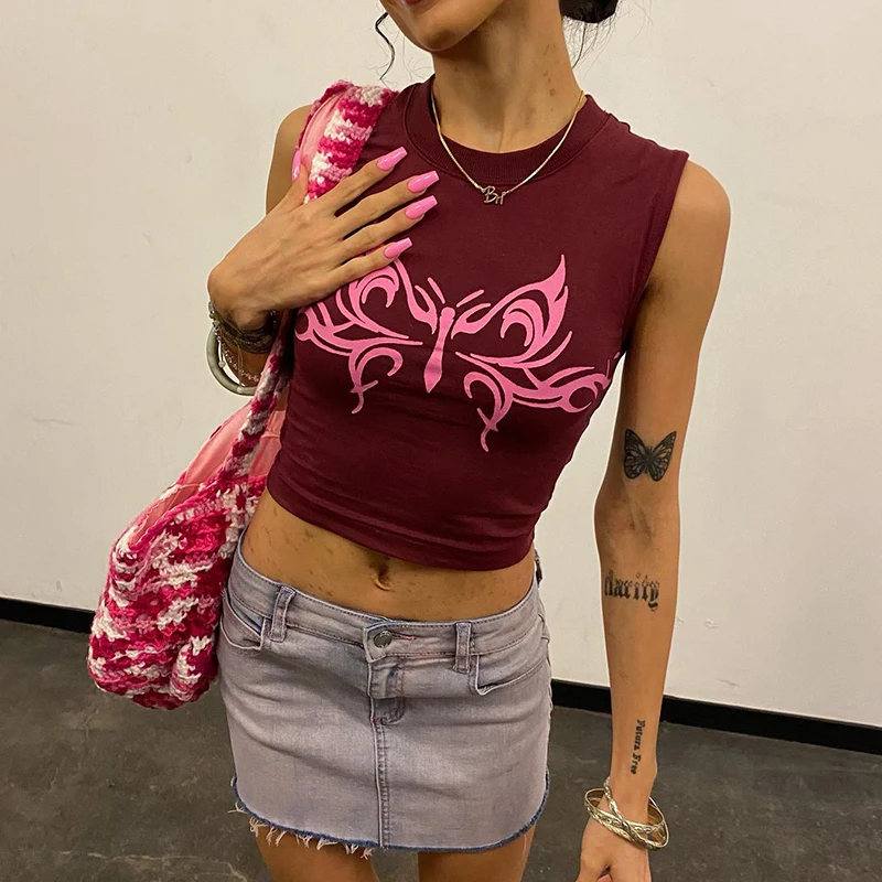 

Sandtree Q22TP199 Y2K Summer New Hot O Neck Sleeveless Butterfly Pattern Print 2022 Lady Crop Top