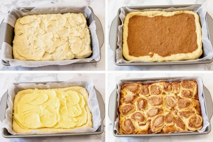 Step-by-step visual guide showing cinnamon roll dump cake preparation with biscuit dough, cinnamon-sugar mixture, and butter layers in a 9x13 baking dish