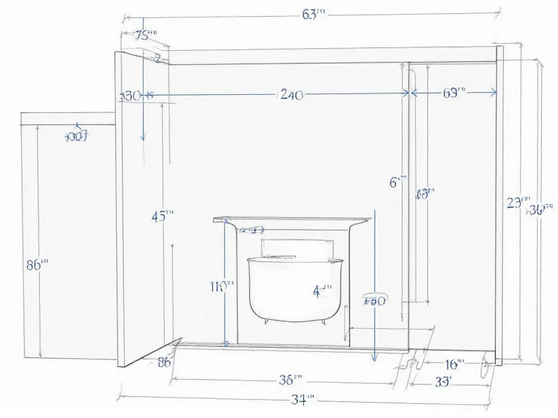 Garage cabinet layout sketch showing measurements and gaps