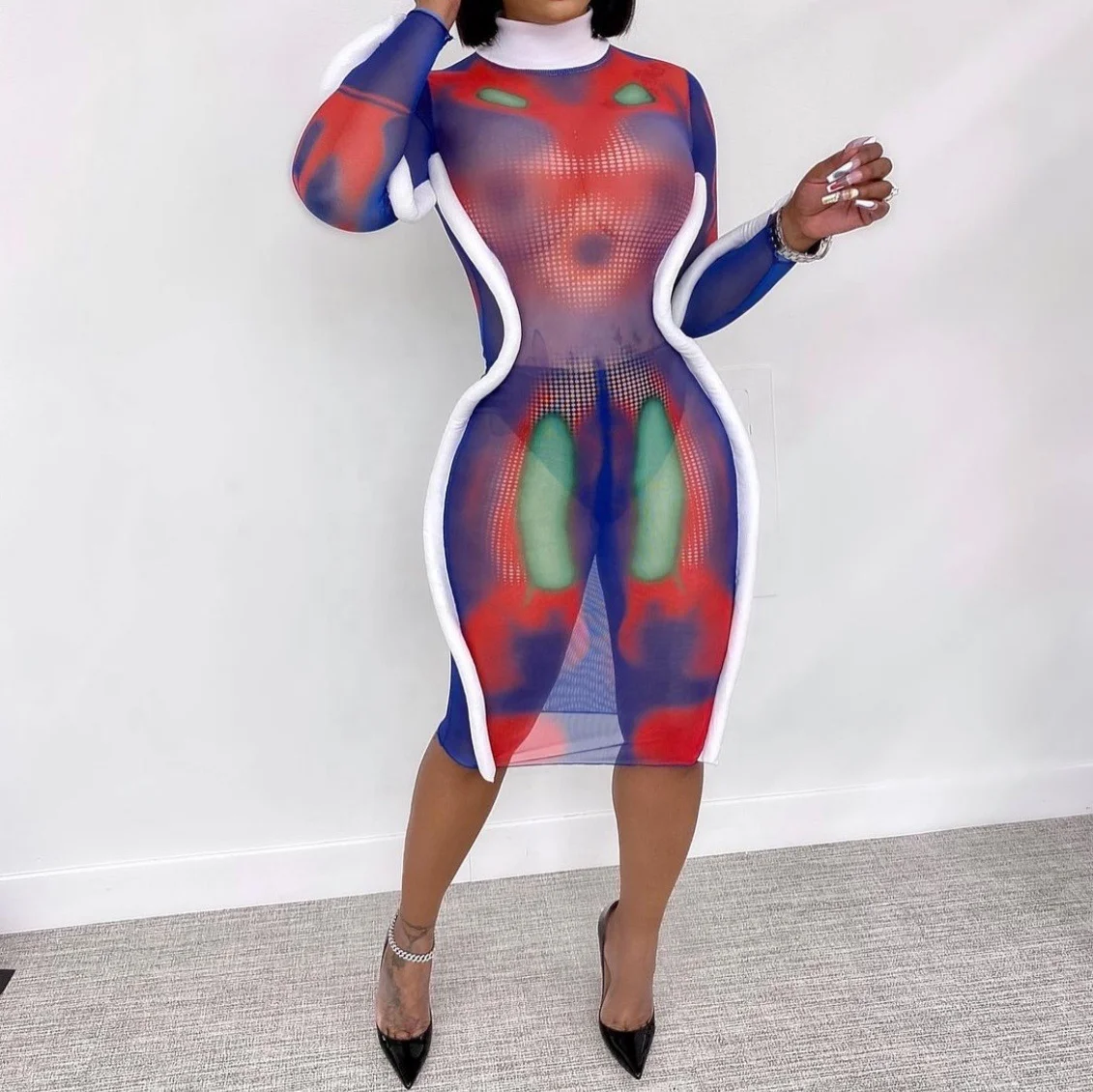 

New Fashion Fall Casual Women Ladies Long Sleeve Contrast Colorful Print Sexy Bodycon See Through Dress Cheap Casual Women Dress